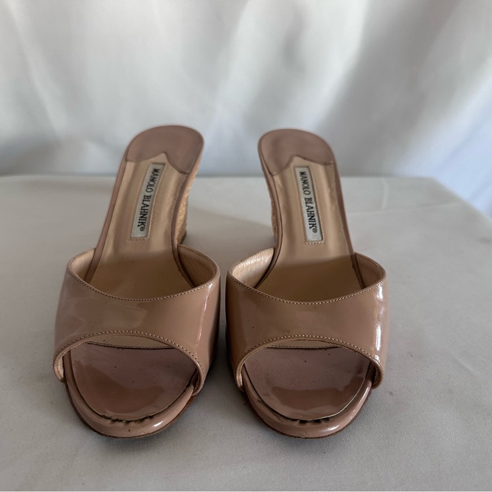 Manolo Blahnik Nude Patent Leather Mules